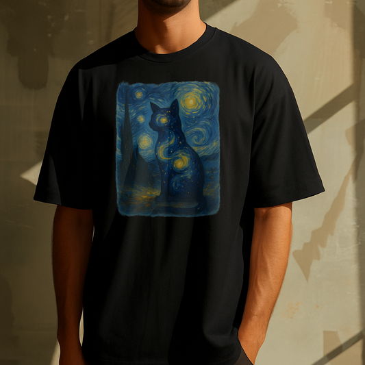 Van Gogh's Starry Night Cat Art T-shirt