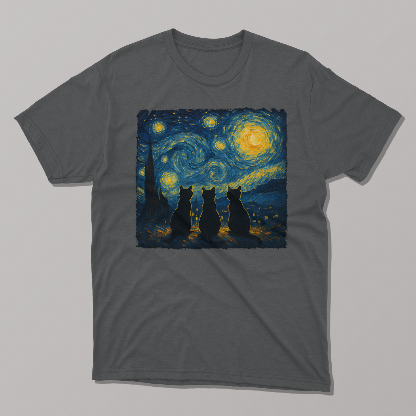 Van Gogh Starry Night Three Cat Silhouette T-shirt