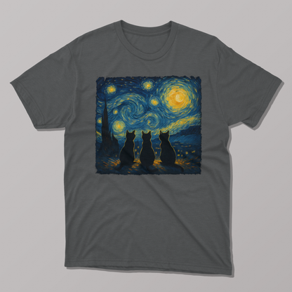 Van Gogh Starry Night Three Cat Silhouette T-shirt