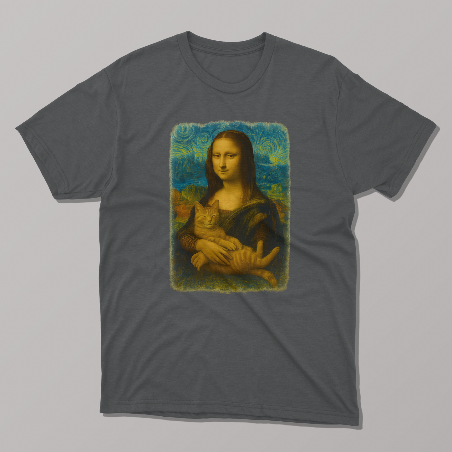 Mona Lisa Van Gogh Starry Night Cat T-Shirt