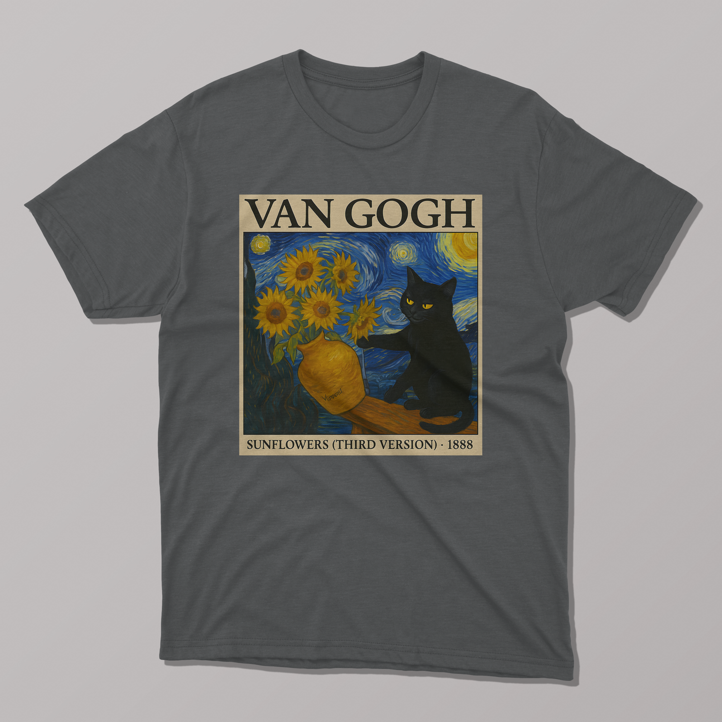Van Gogh's Sunflowers and Starry Night Cat T-shirt