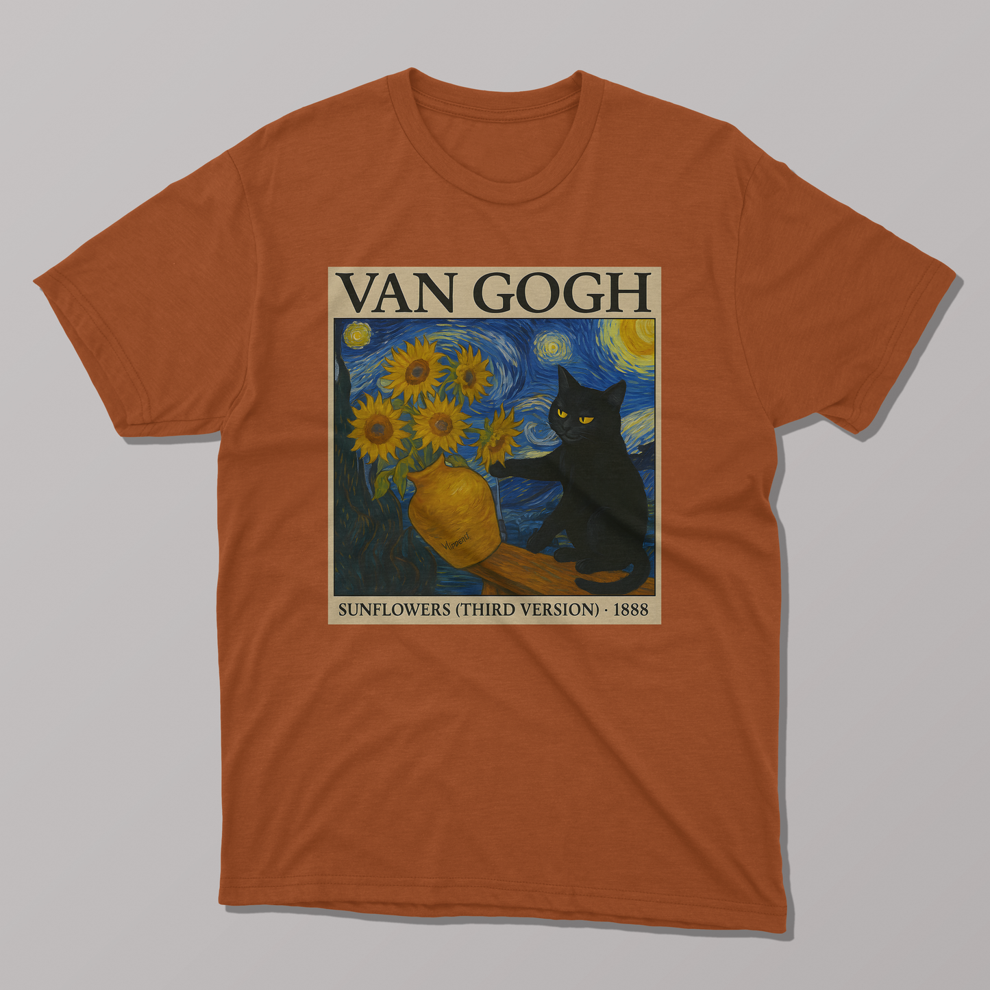 Van Gogh's Sunflowers and Starry Night Cat T-shirt