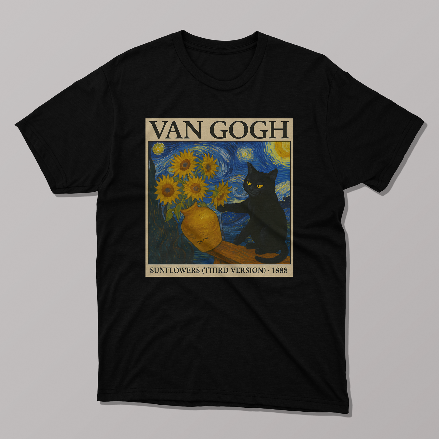 Van Gogh's Sunflowers and Starry Night Cat T-shirt