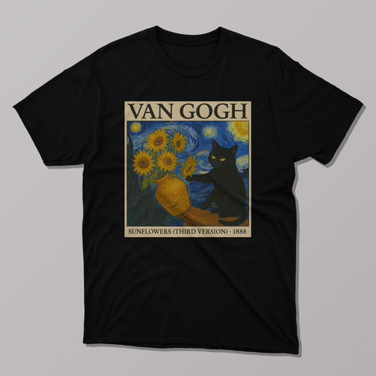 Van Gogh's Sunflowers and Starry Night Cat T-shirt