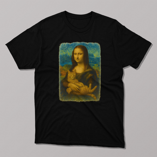Mona Lisa Van Gogh Starry Night Cat T-Shirt