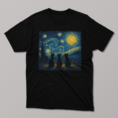 Van Gogh Starry Night Three Cat Silhouette T-shirt