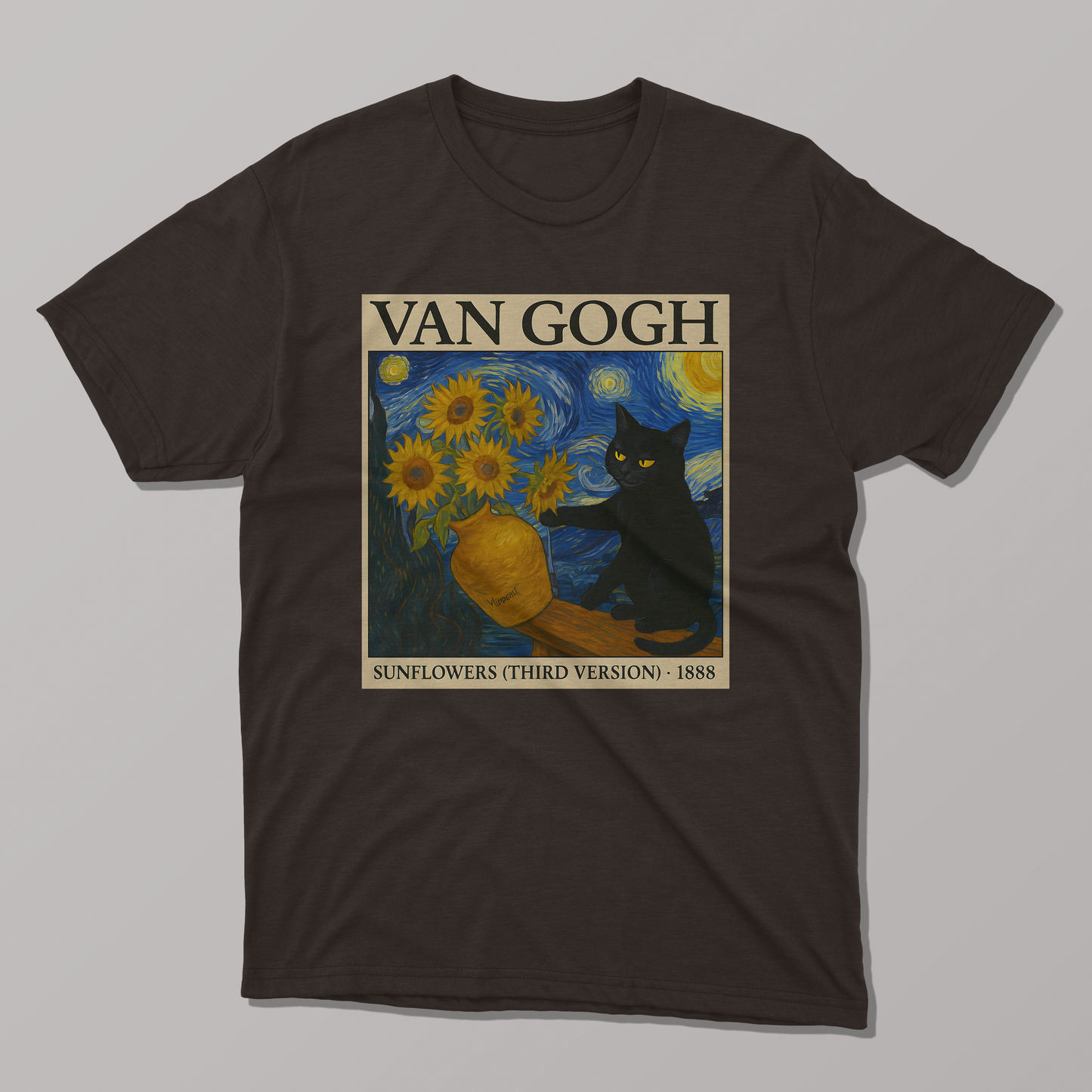 Van Gogh's Sunflowers and Starry Night Cat T-shirt
