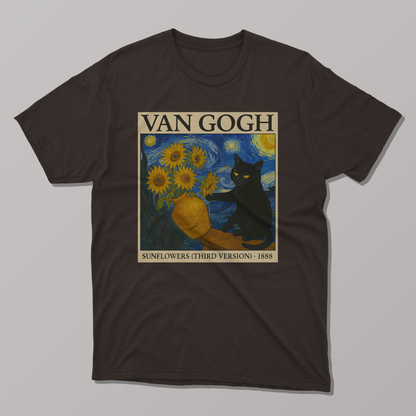 Van Gogh's Sunflowers and Starry Night Cat T-shirt