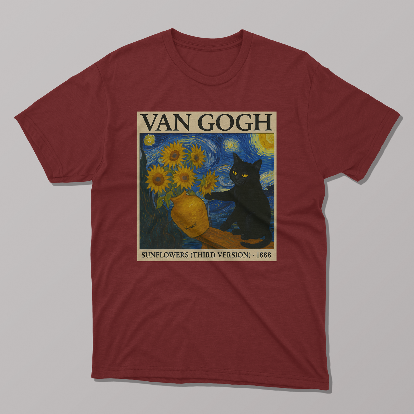 Van Gogh's Sunflowers and Starry Night Cat T-shirt