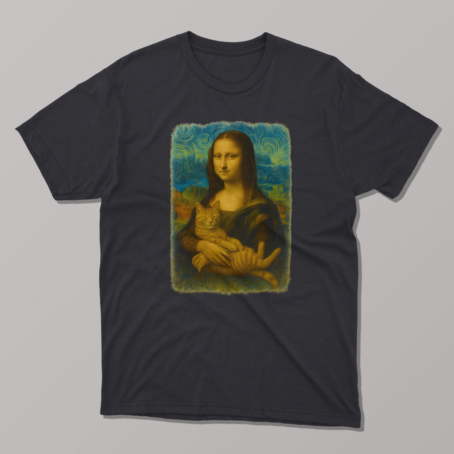 Mona Lisa Van Gogh Starry Night Cat T-Shirt