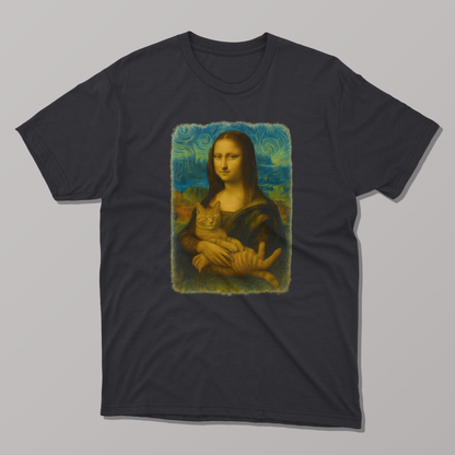 Mona Lisa Van Gogh Starry Night Cat T-Shirt