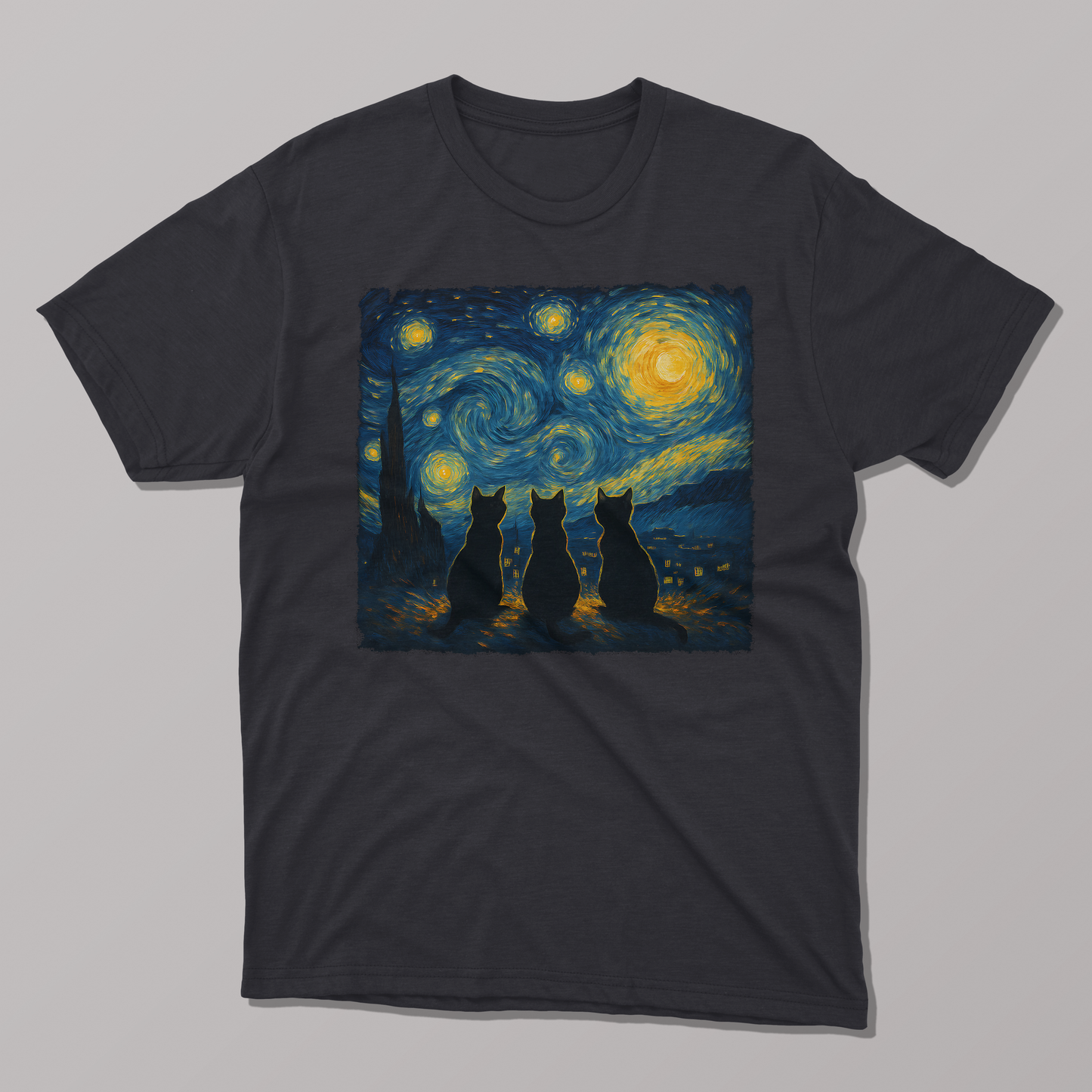 Van Gogh Starry Night Three Cat Silhouette T-shirt