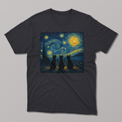 Van Gogh Starry Night Three Cat Silhouette T-shirt