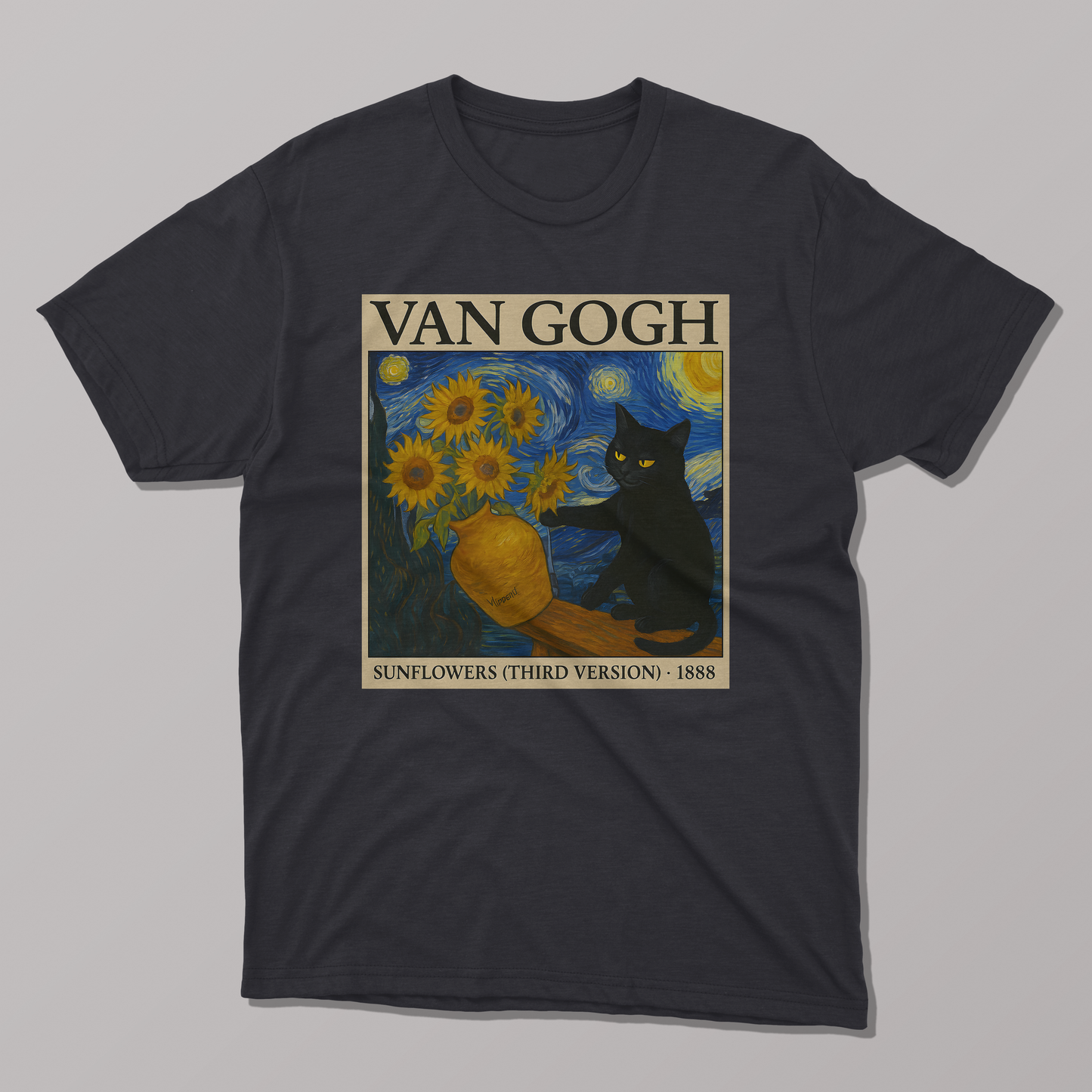 Van Gogh's Sunflowers and Starry Night Cat T-shirt