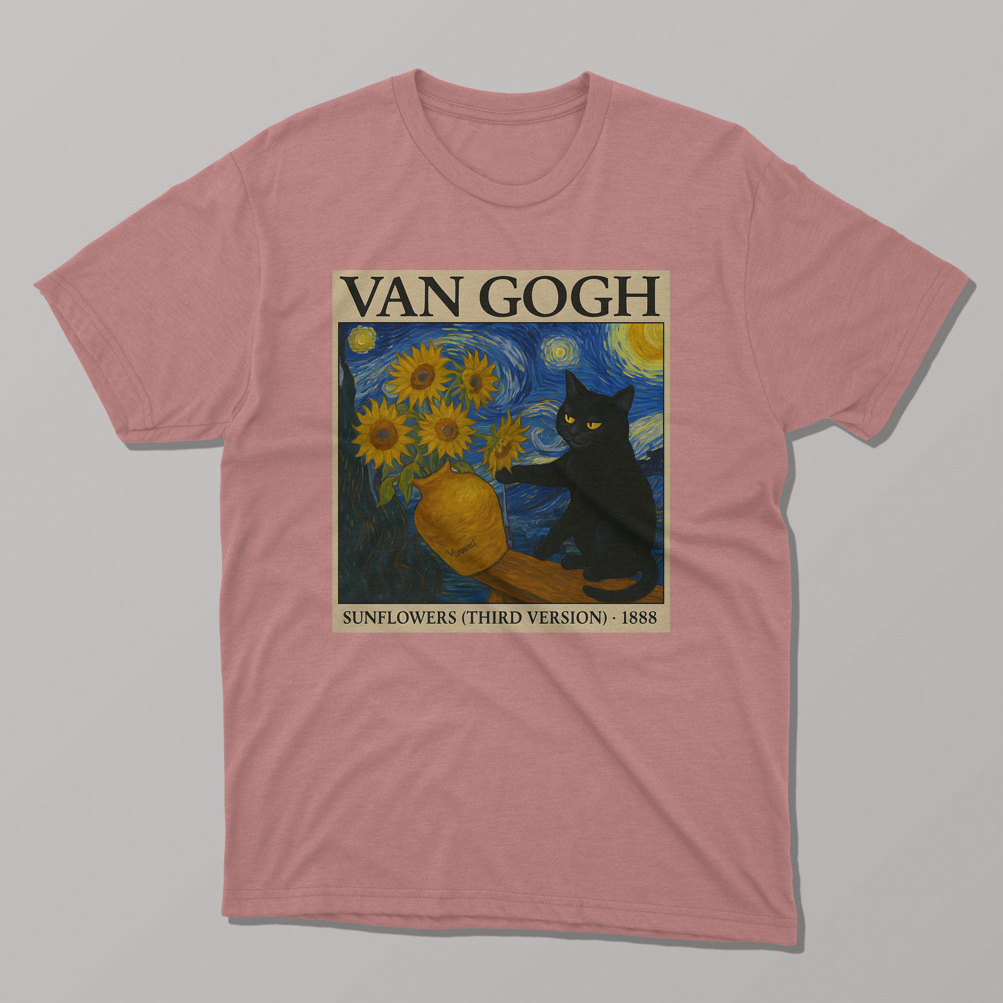 Van Gogh's Sunflowers and Starry Night Cat T-shirt