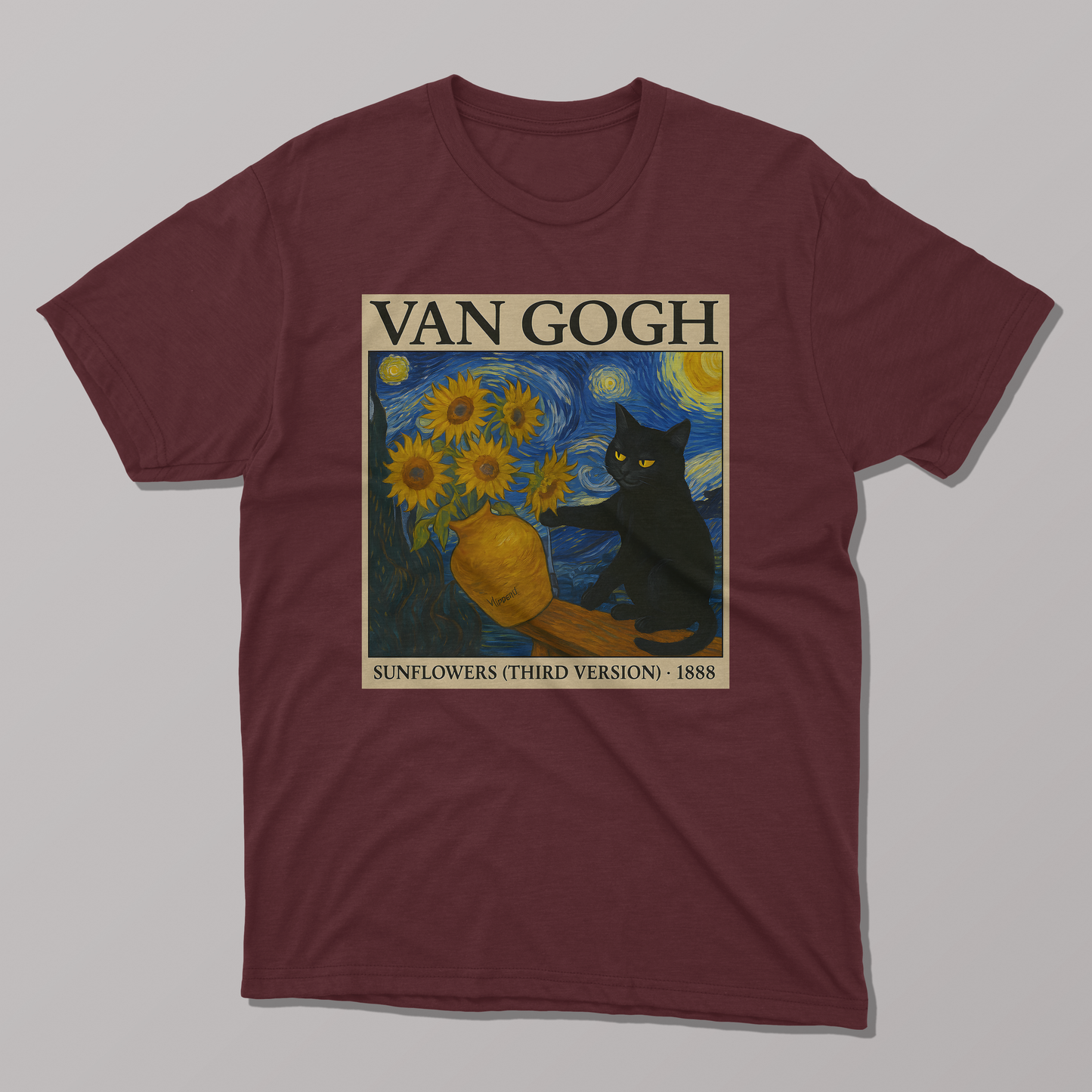 Van Gogh's Sunflowers and Starry Night Cat T-shirt