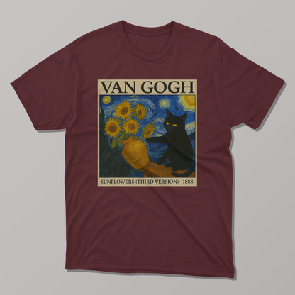 Van Gogh's Sunflowers and Starry Night Cat T-shirt