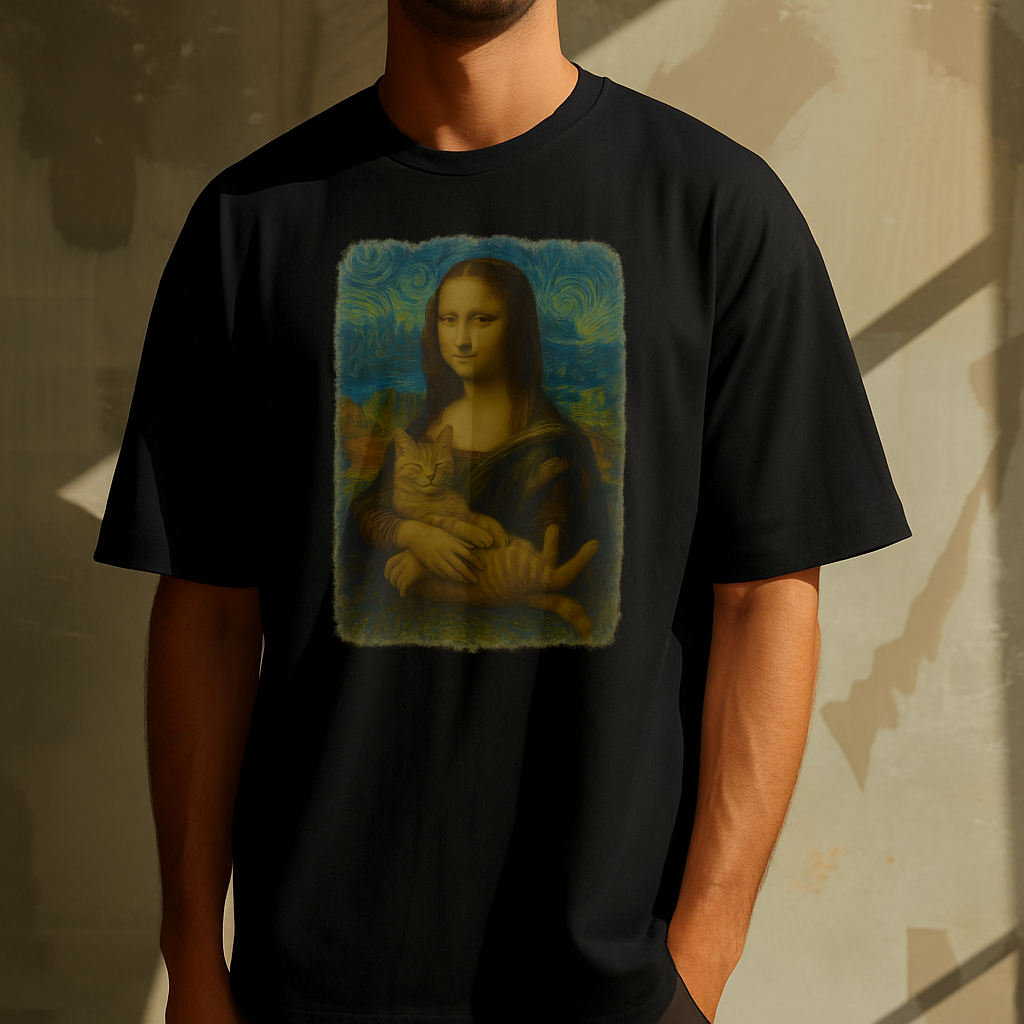 Mona Lisa Van Gogh Starry Night Cat T-Shirt