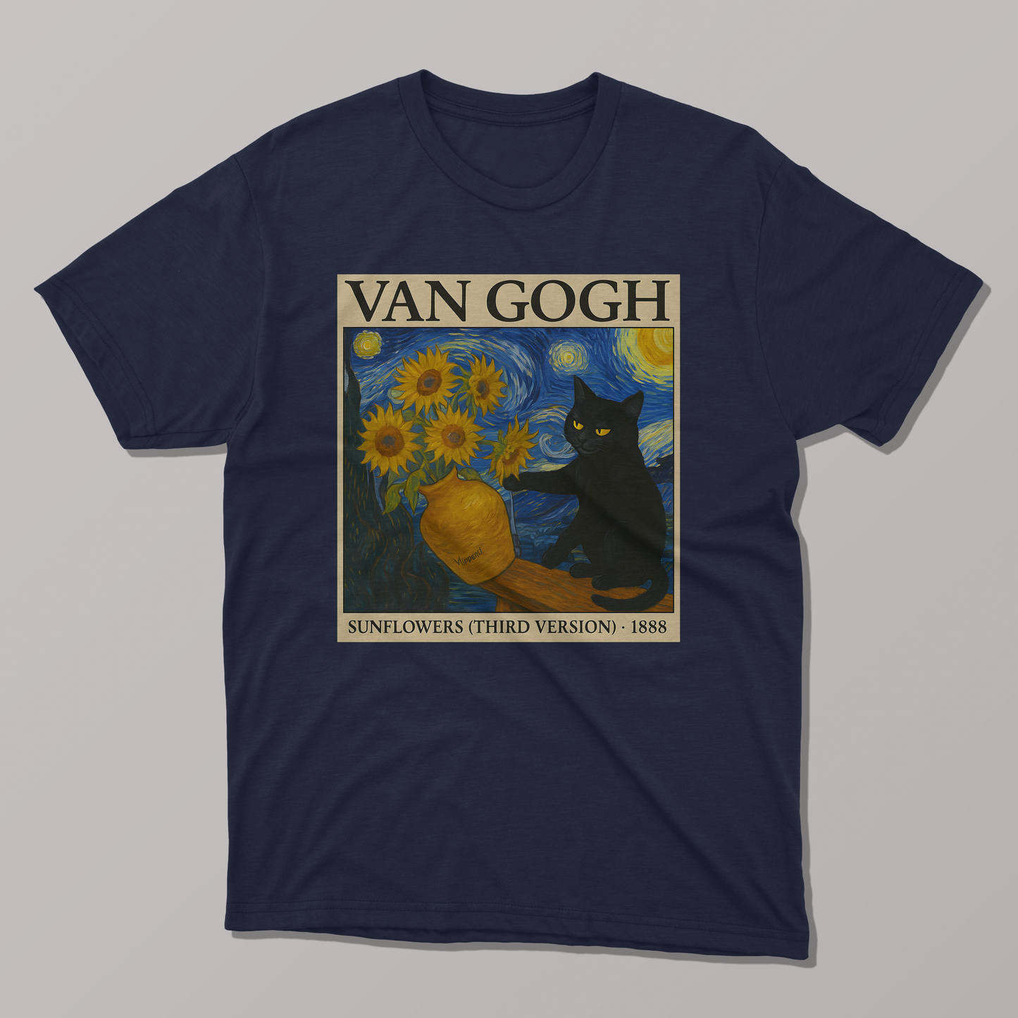 Van Gogh's Sunflowers and Starry Night Cat T-shirt