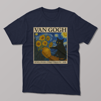 Van Gogh's Sunflowers and Starry Night Cat T-shirt