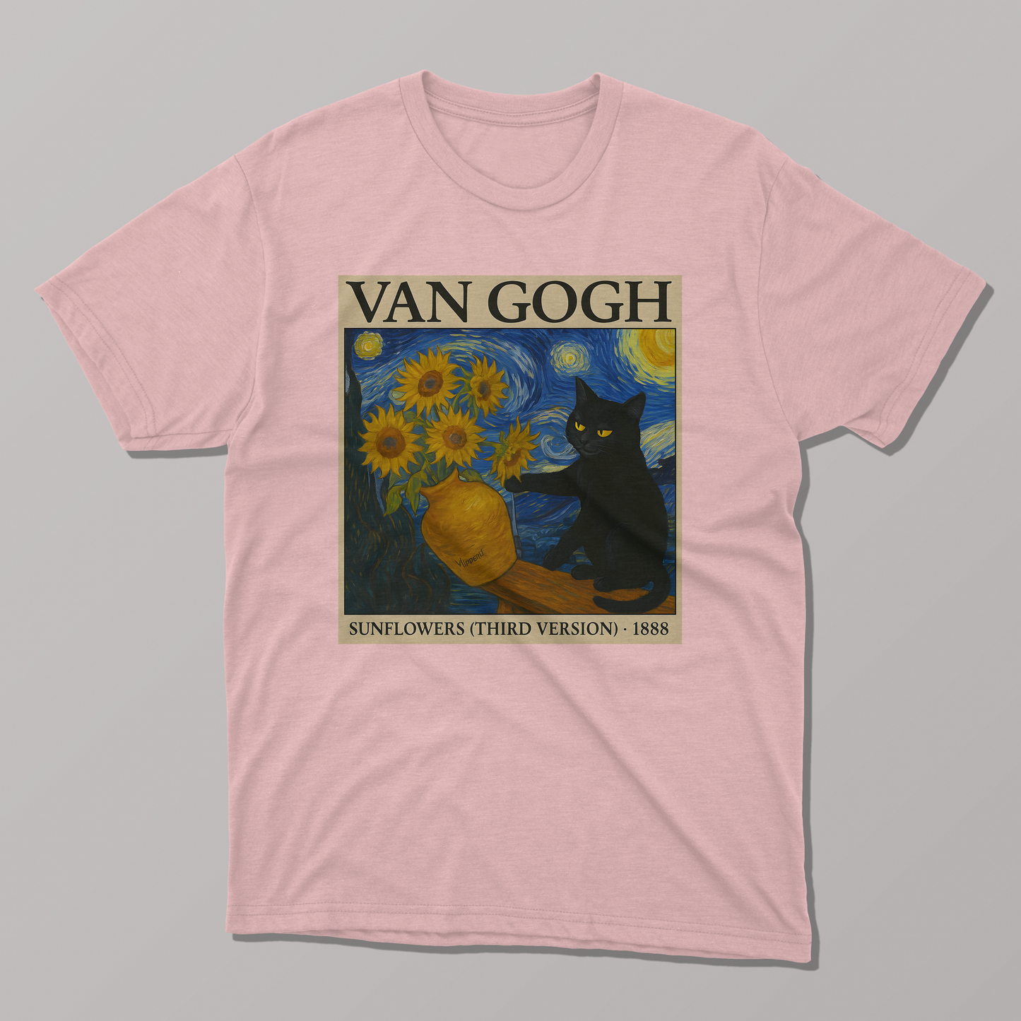 Van Gogh's Sunflowers and Starry Night Cat T-shirt