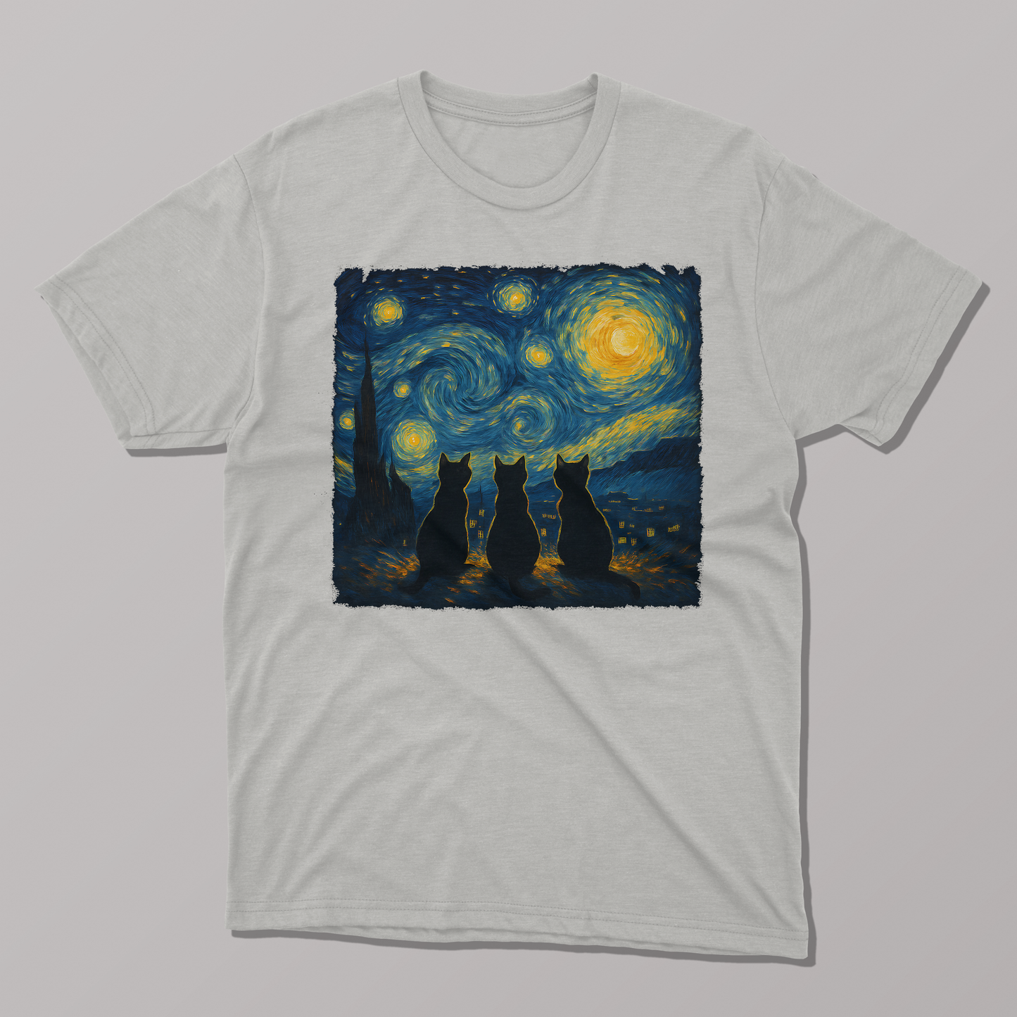 Van Gogh Starry Night Three Cat Silhouette T-shirt