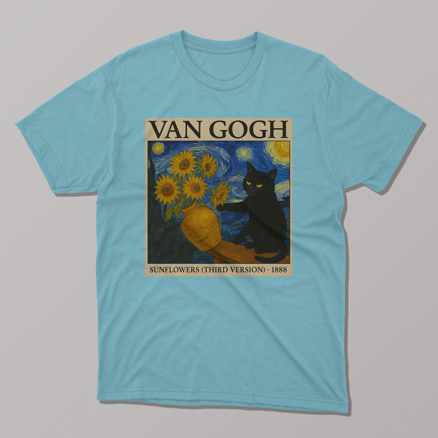 Van Gogh's Sunflowers and Starry Night Cat T-shirt