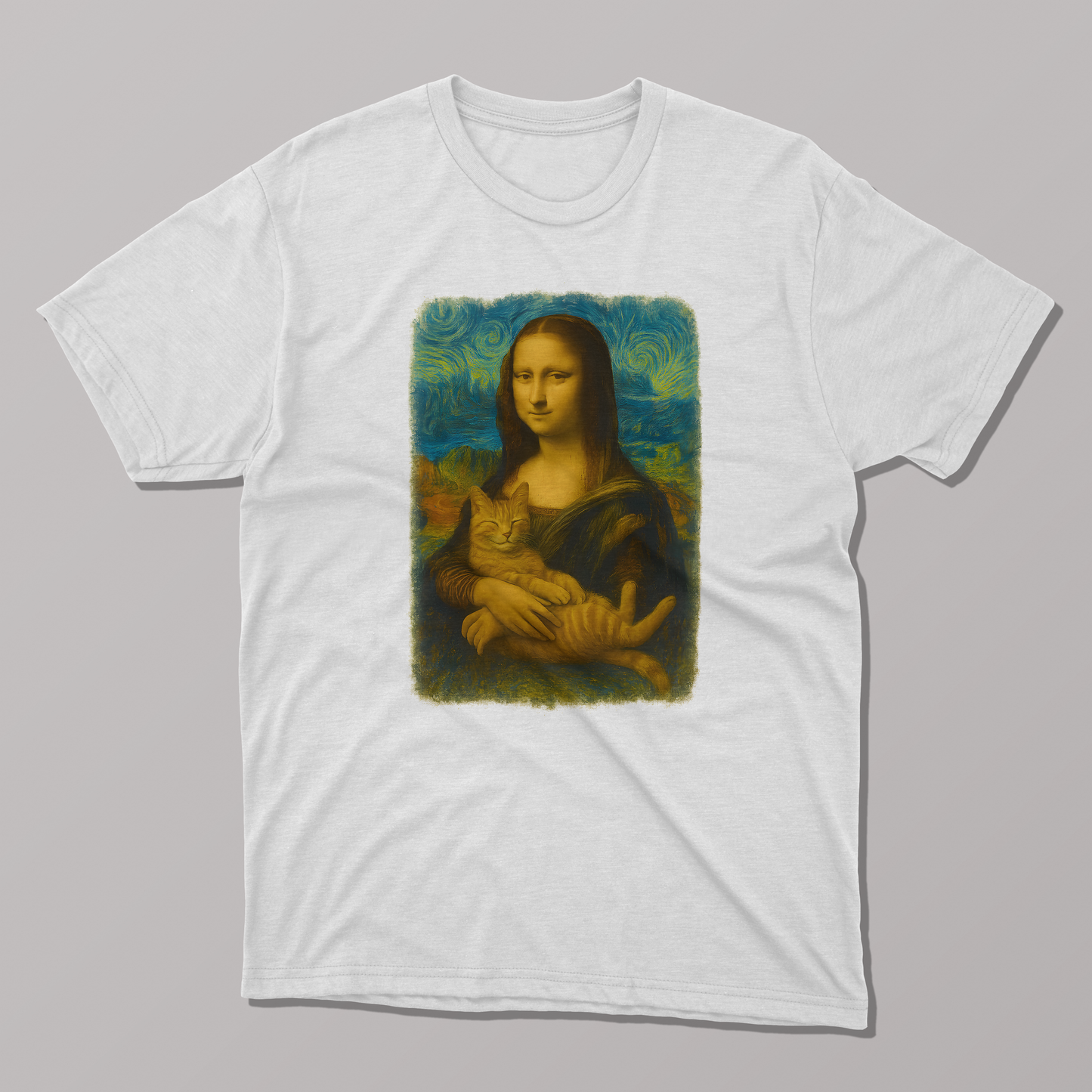 Mona Lisa Van Gogh Starry Night Cat T-Shirt