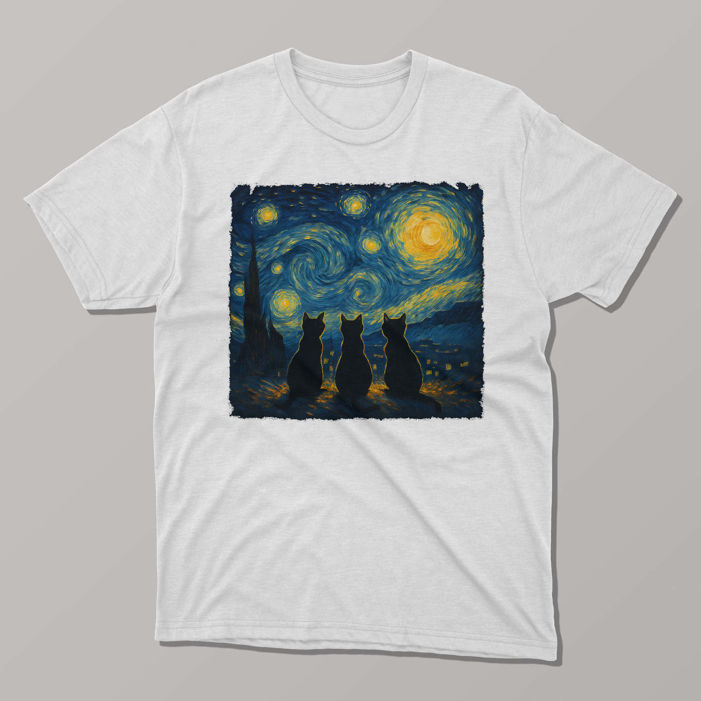 Van Gogh Starry Night Three Cat Silhouette T-shirt