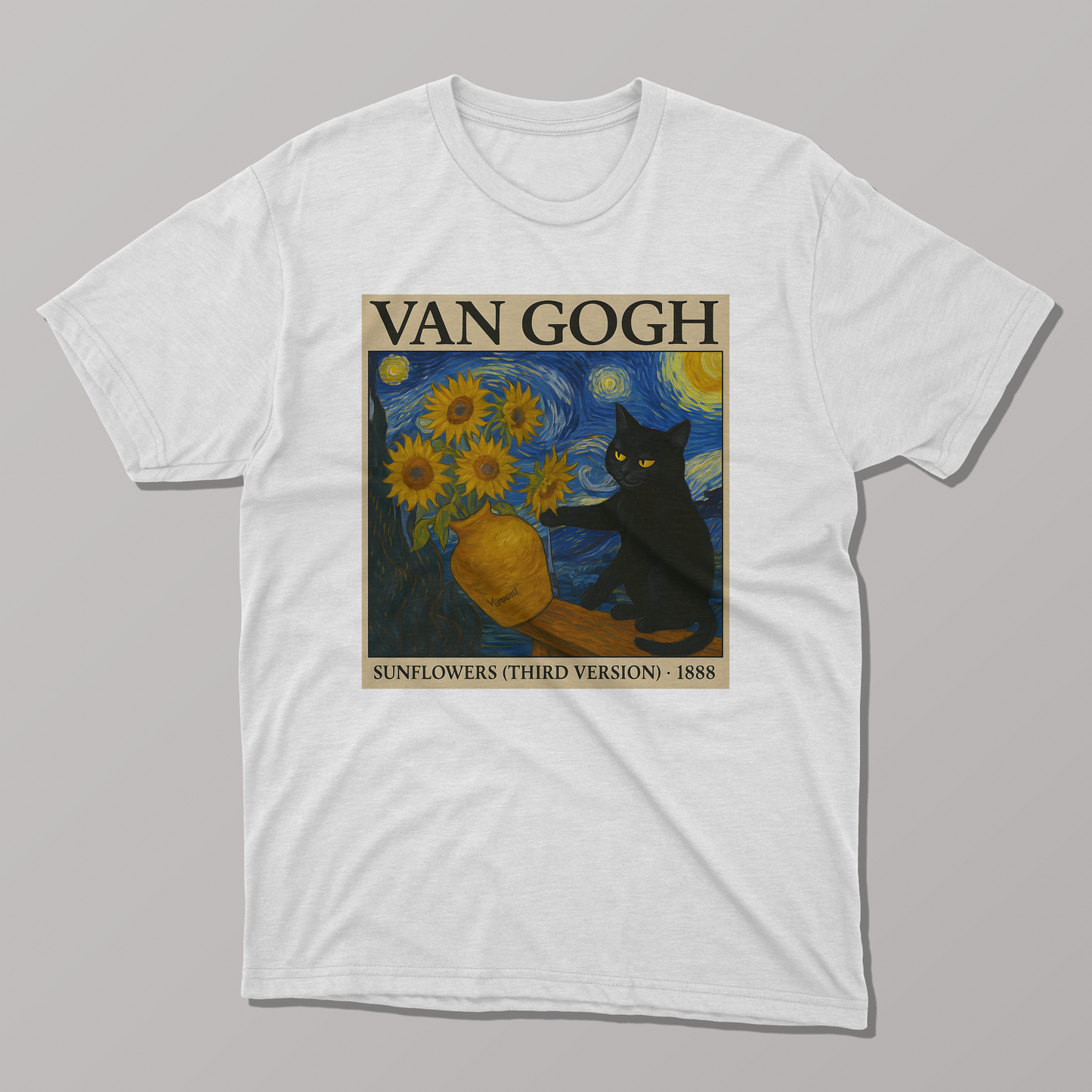 Van Gogh's Sunflowers and Starry Night Cat T-shirt