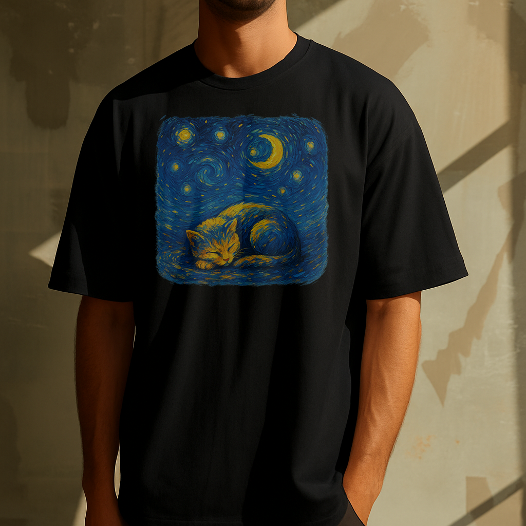 Cozy Cat Dreams Van Gogh's Starry Night T-Shirt