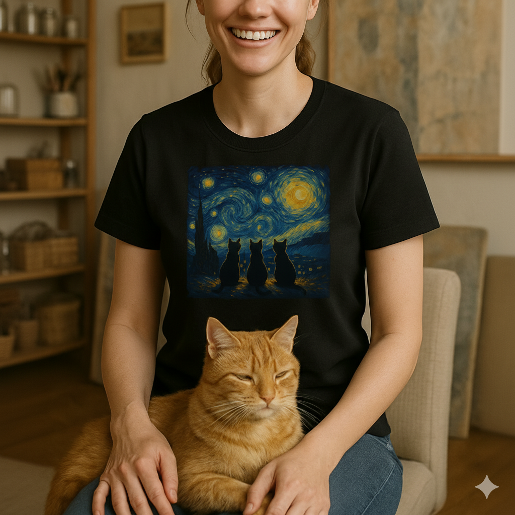 Van Gogh Starry Night Three Cat Silhouette T-shirt