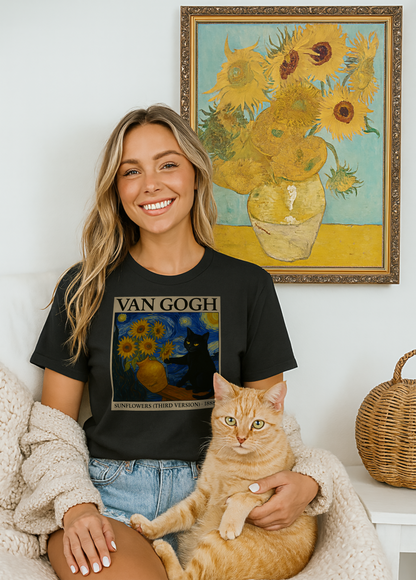 Van Gogh's Sunflowers and Starry Night Cat T-shirt